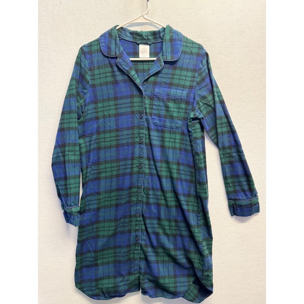 Lands End Womens Green/Blue Plaid Flannel Nightshirt Button-Up Long Sleeve Small